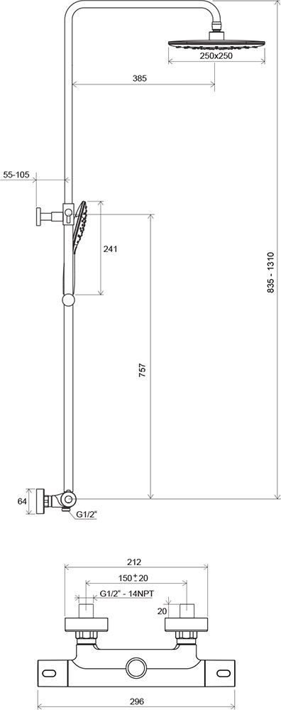 Душевая стойка с термостатическим смесителем и ручным душем Ravak Termo 300 TE 093.00/150, X070099