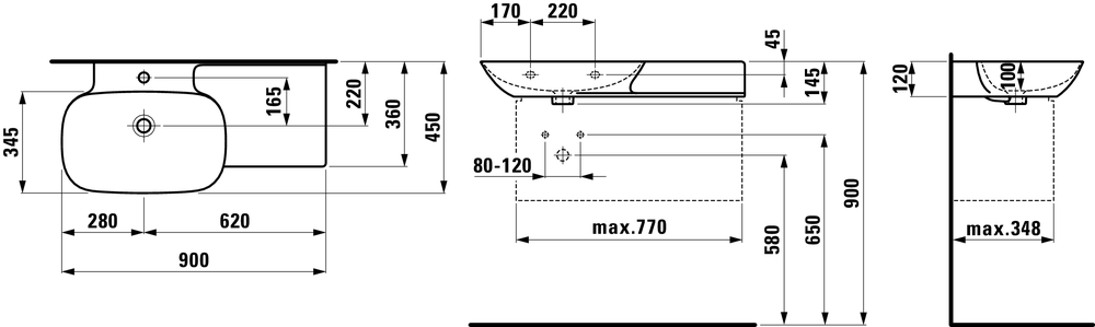 Раковина с полочкой справа Laufen Ino 90х36/45, 8.1330.2.000.104.1