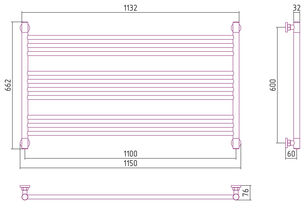 Водяной полотенцесушитель Сунержа Богема L 600x1100 матовый черный