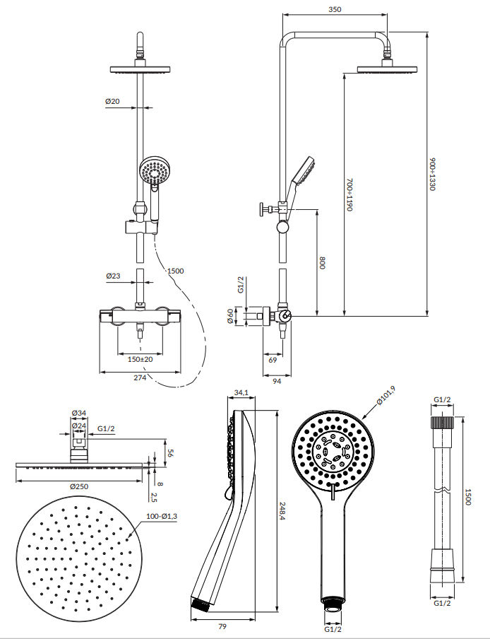 Душевая система термостатическая наружного монтажа Omnires Y, Y1244LUXLGL