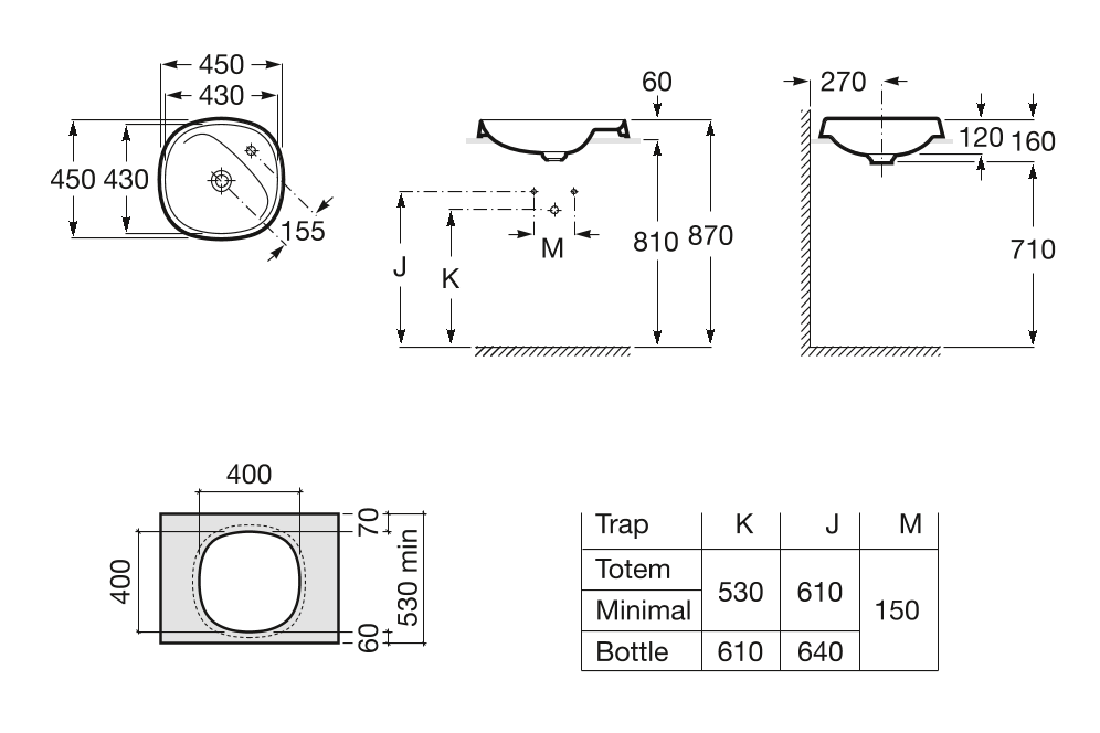 Умывальник встраиваемый Roca Beyond 45x45, A3270B7000