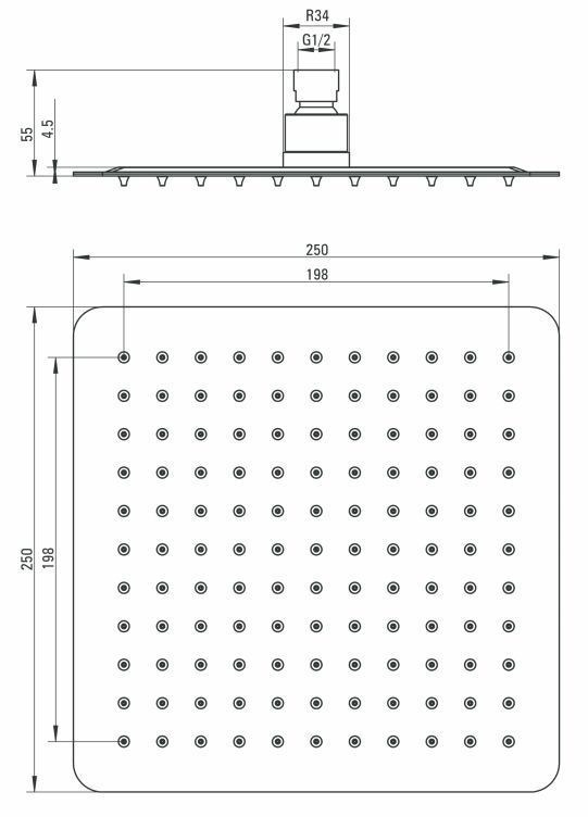 Верхний душ стальной квадратный 250x250 мм Deante Cascada Flox, NAC_002K