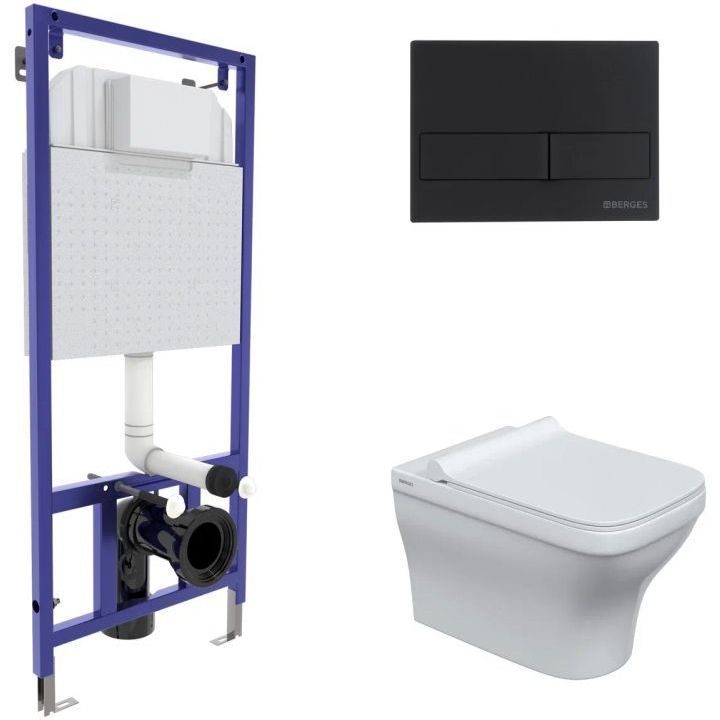 Комплект Berges Novum, кнопка L5 Soft Touch черная, унитаз Strati Rimless, сиденье Strati Slim, 042449