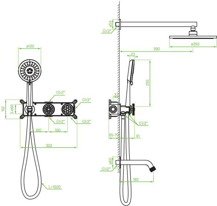 Душевая система Laveo Muro скрытого монтажа с изливом черный, BAU_711P