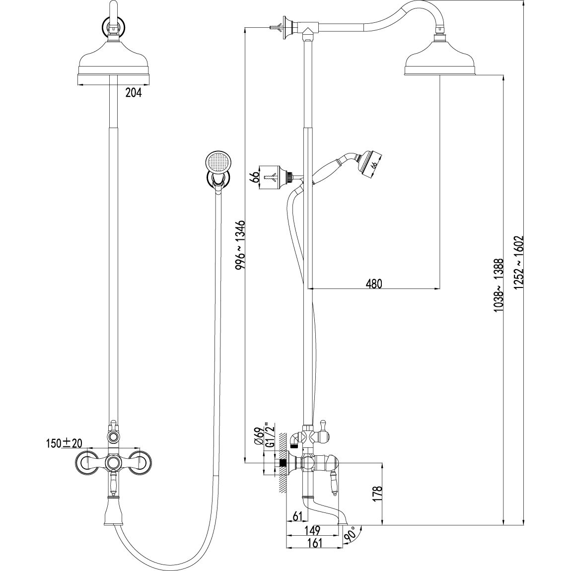 Смеситель для ванны с верхней душевой лейкой поворотным изливом 165 мм Lemark Villa, LM4862B