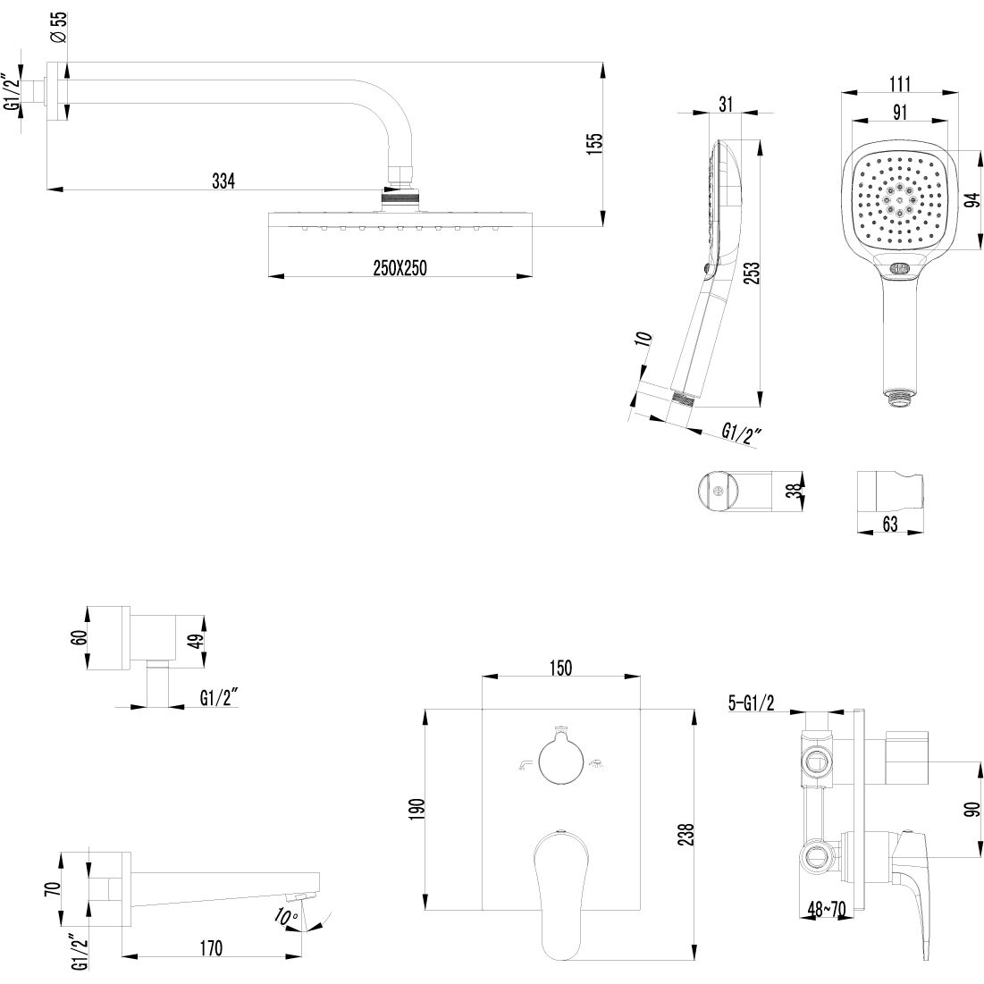 Смеситель для ванны и душа встраиваемый с дополнительной 3-функциональной лейкой Lemark Shift, LM4322C