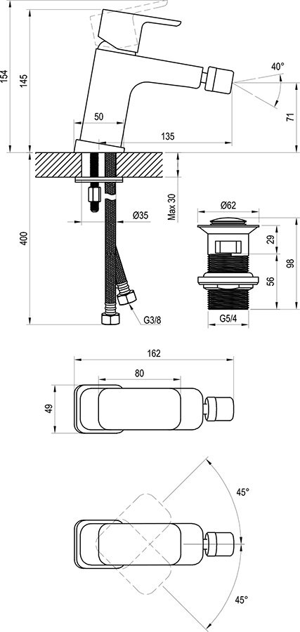 Смеситель для биде Ravak 10° TD F 055.20 черный, X070155