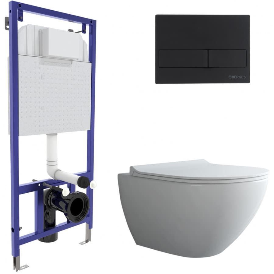 Комплект Berges Novum, кнопка L5 Soft Touch черная, унитаз Puma XXL Rimless, сиденье Toma Slim, 043246