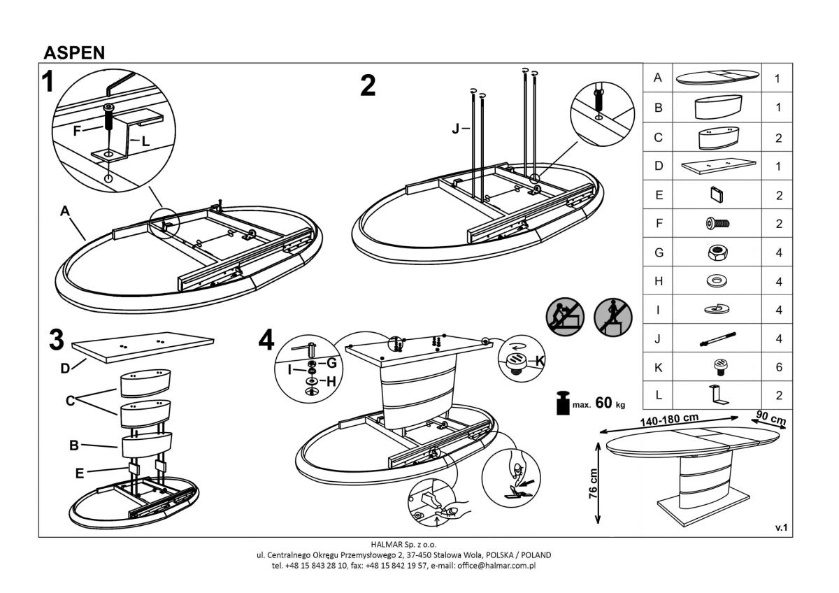 Стол обеденный Halmar Aspen, раскладной белый, V-CH-ASPEN-ST