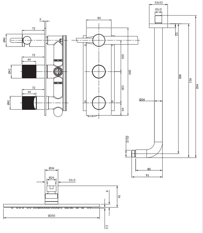 Душевая система скрытого монтажа Omnires Contour, SYSCT10GLB