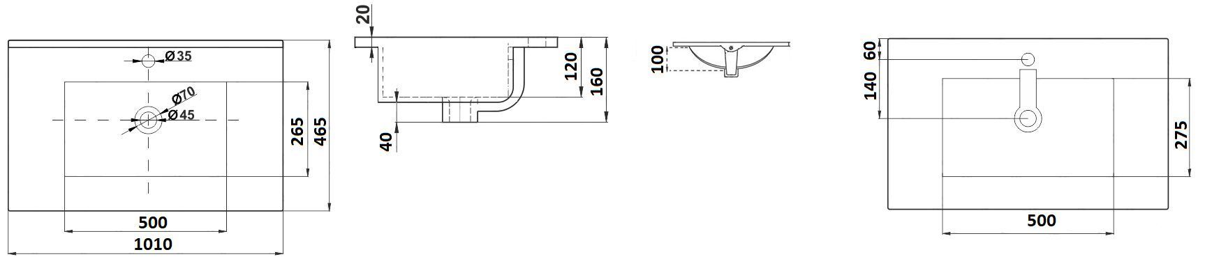 Раковина для ванной Ceramalux 101x46, 9010E