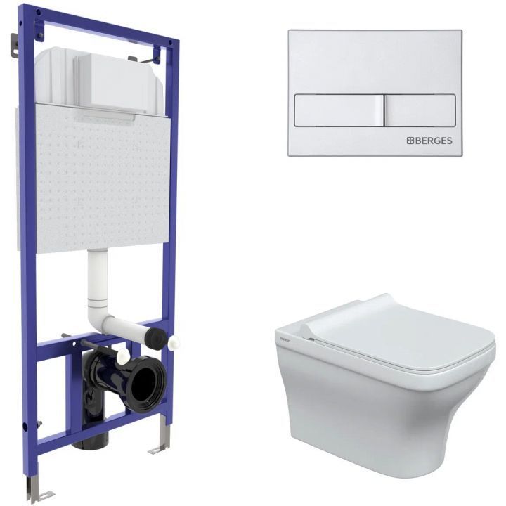 Комплект Berges Novum, кнопка L2 хром матовый, унитаз Strati Rimless, сиденье Strati Slim, 042453