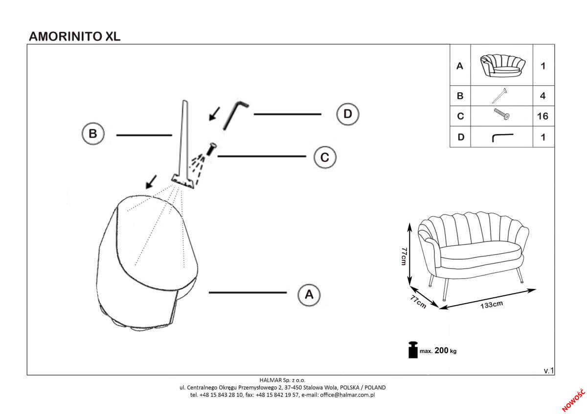 Софа Halmar Amorinito XL серый/золотой, V-CH-AMORINITO_XL-FOT-POPIEL