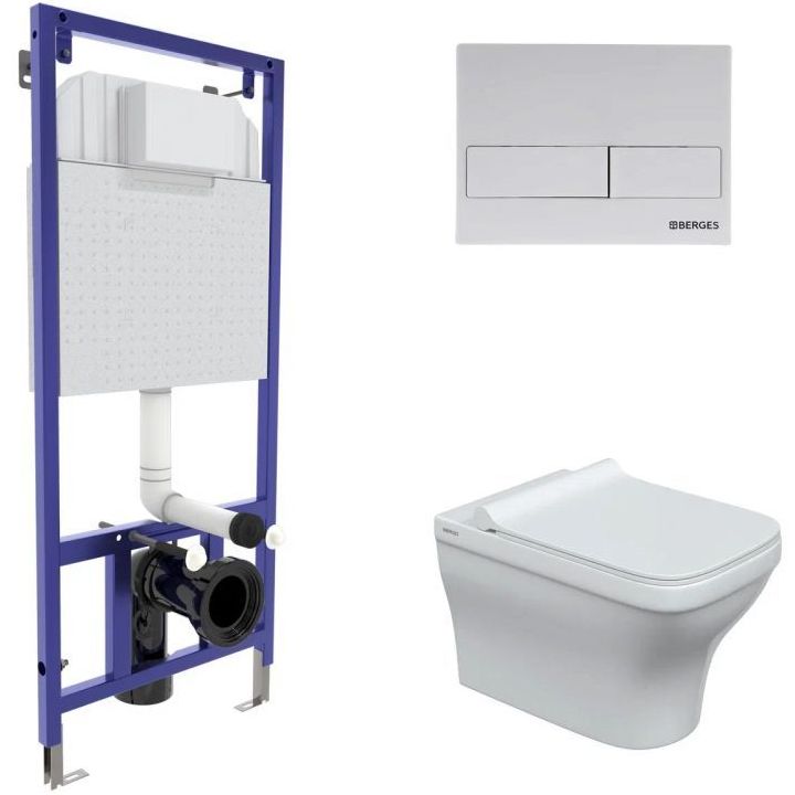 Комплект Berges Novum, кнопка L4 белая, унитаз Strati Rimless, сиденье Strati Slim, 042455