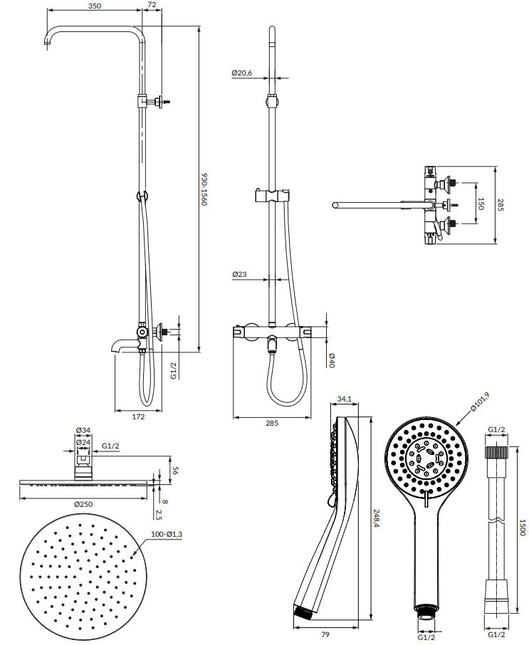 Душевая система термостатическая с изливом Omnires Y, Y1234ALGL
