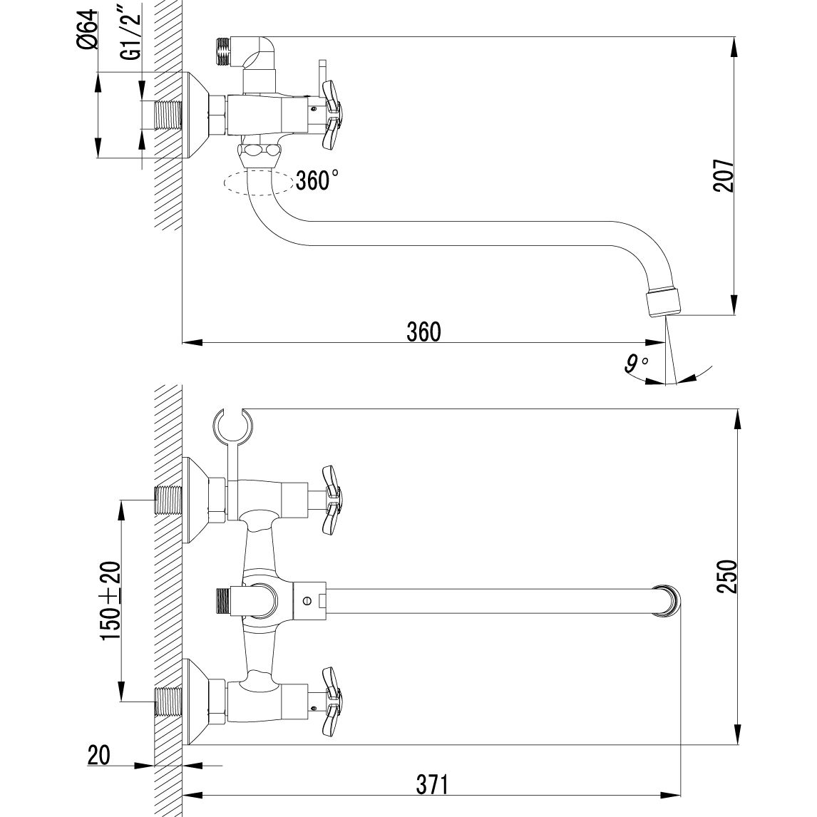 Смеситель универсальный двуручный с круглым изливом 300 мм Lemark Partner, LM6541C