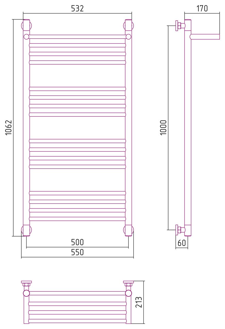 Водяной полотенцесушитель Сунержа Богема с полкой+ 1000x500