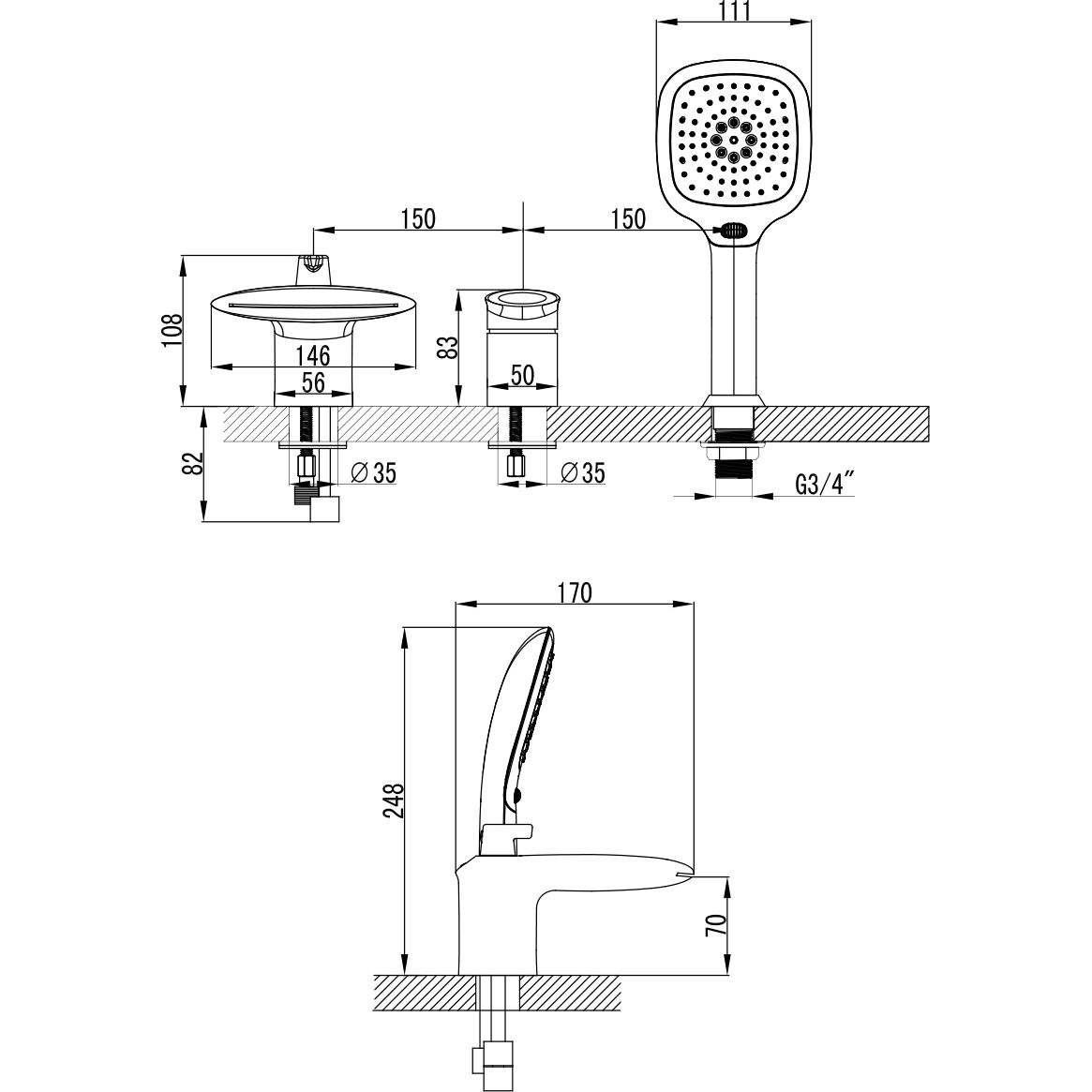 Смеситель для ванны встраиваемый на 3 отверстия с аксессуарами Lemark Status, LM4445C