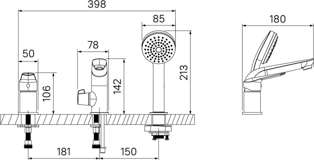 Смеситель на борт ванны на 3 отверстия с керамическим дивертором, Iddis Torr, TORSB30i07