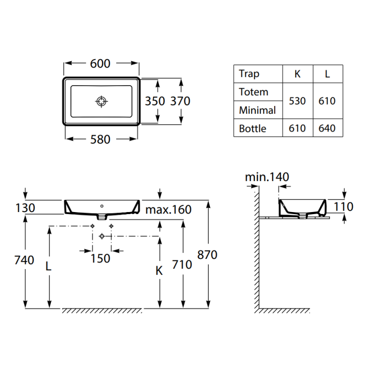 Раковина накладная Roca The Gap Square 60x37, A3270Y2000