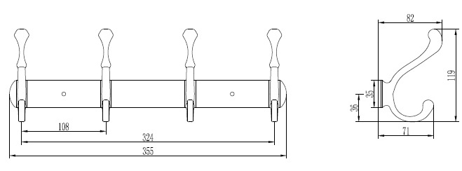 Планка с 4 неподвижными крючками (бронза) Ledeme L214-4