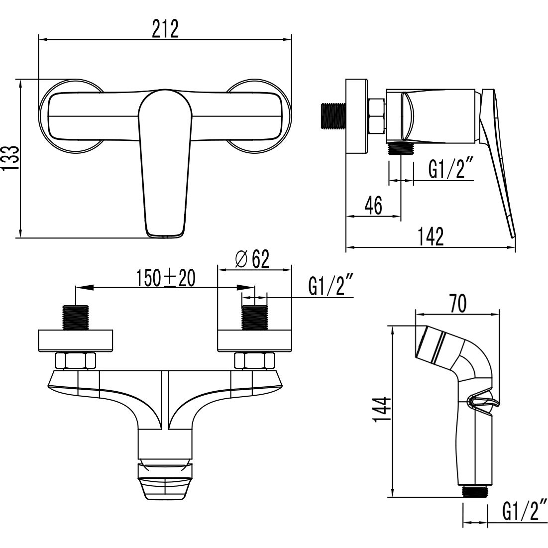 Смеситель настенный с гигиеническим душем Lemark Bronx, LM3718GM