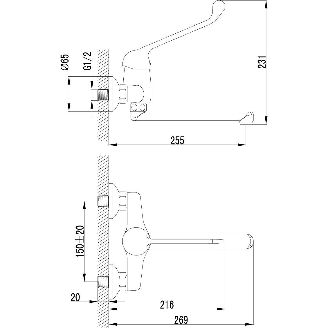 Смеситель для кухни/умывальника с локтевой рукояткой настенный излив 200 мм Lemark Project, LM4611C