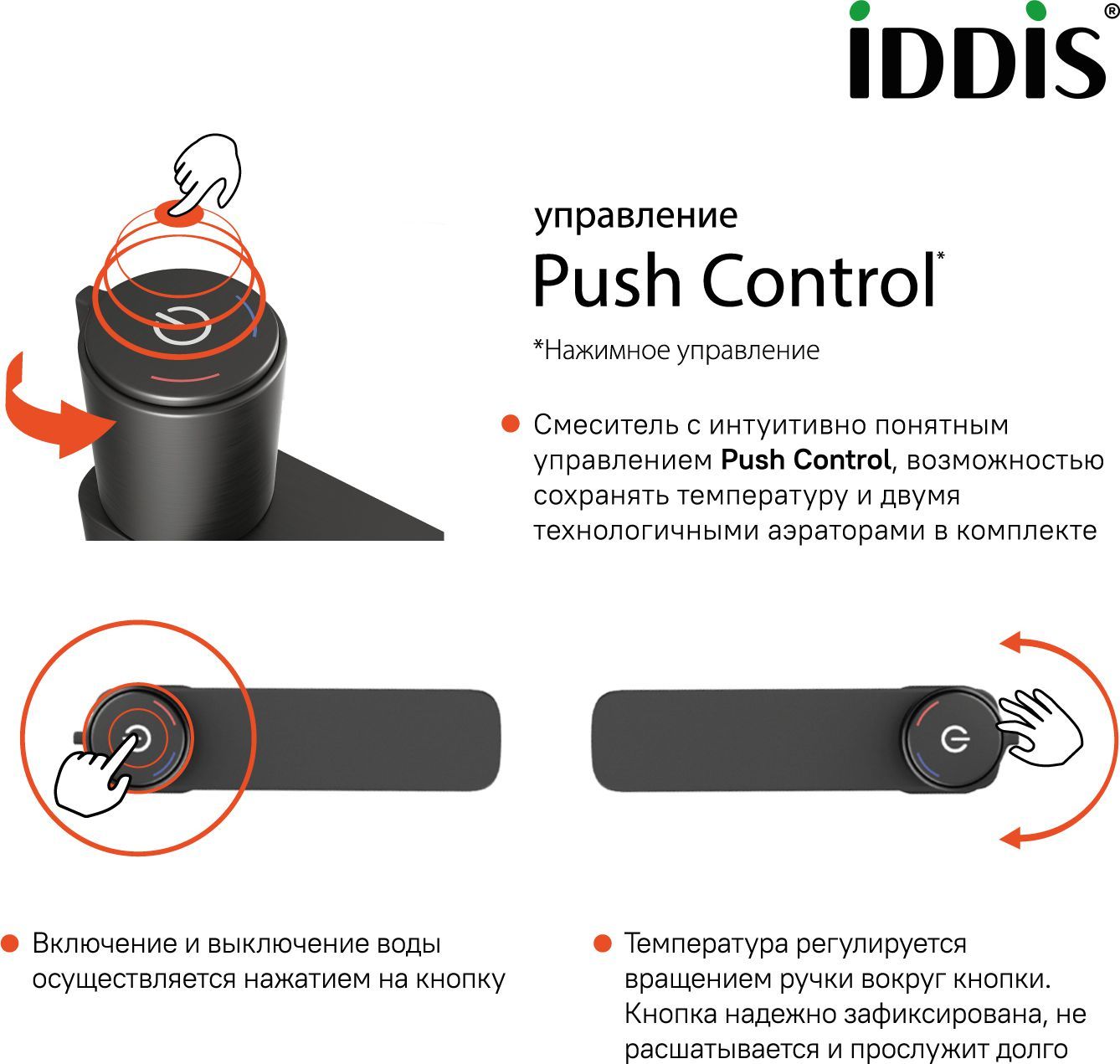 Смеситель для умывальника с управлением Push Control, графит, Iddis Slide, SLIGMBTi01