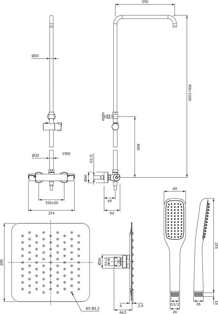 Душевая система термостатическая наружного монтажа Omnires Y, Y1244X/6/KCR