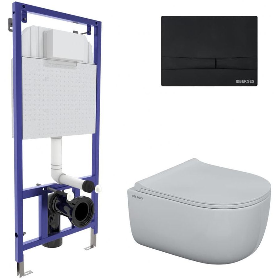 Комплект Berges Novum, кнопка F5 Soft Touch черный, унитаз Ego Rimless, сиденье Toma Slim, 047255