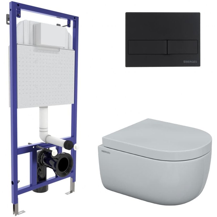 Комплект Berges Novum, кнопка L5 Soft Touch черная, унитаз Ego Rimless, сиденье Toma, 043232