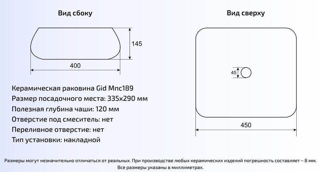 Умывальник Gid MNC189 45x40, 54425