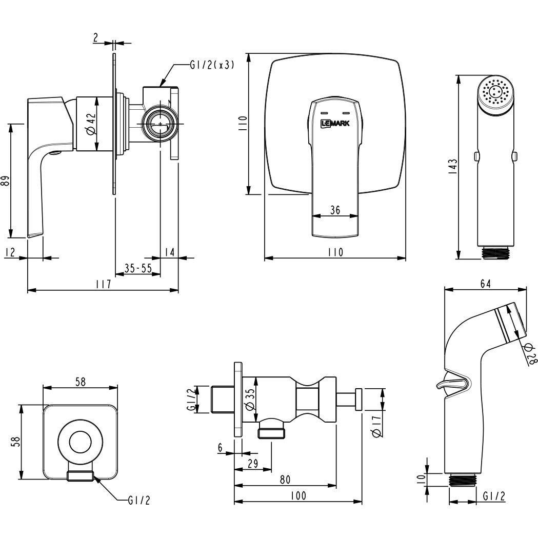 Смеситель с гигиеническим душем встраиваемый Lemark Ursus, LM7219BL