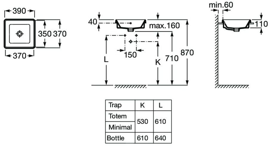 Умывальник врезной Roca The Gap Square 39x37, A3270Y7000