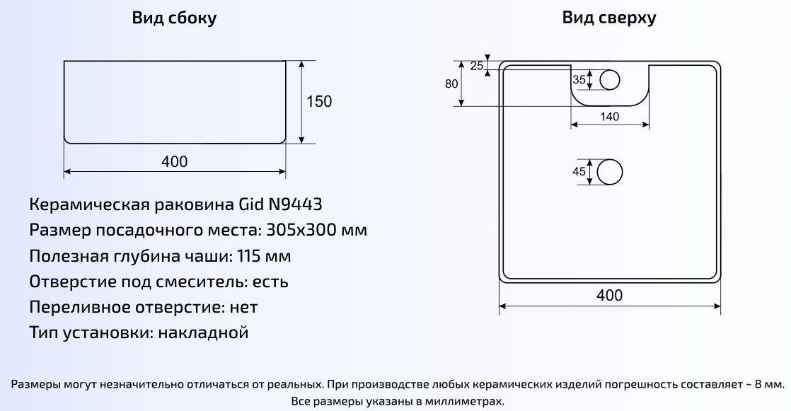 Умывальник Gid N9443 41x41, 51154