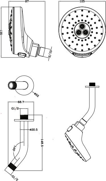 Верхний душ Ø12,5 см с кронштейном Omnires, DOUGLAS-WCR