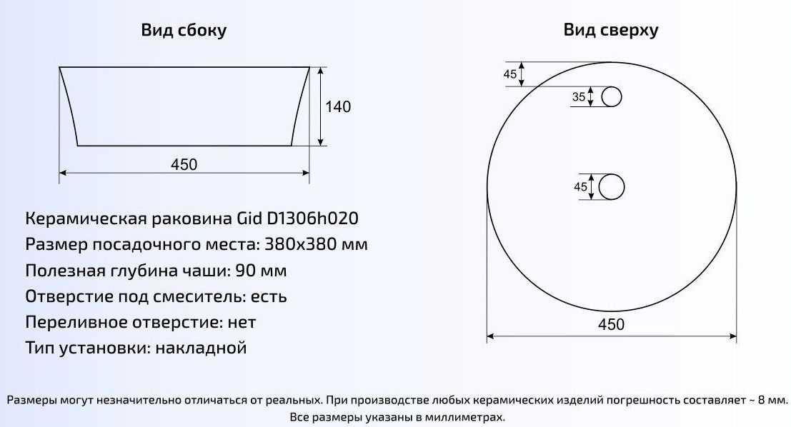 Умывальник Gid D1306H020 44x44, 53315
