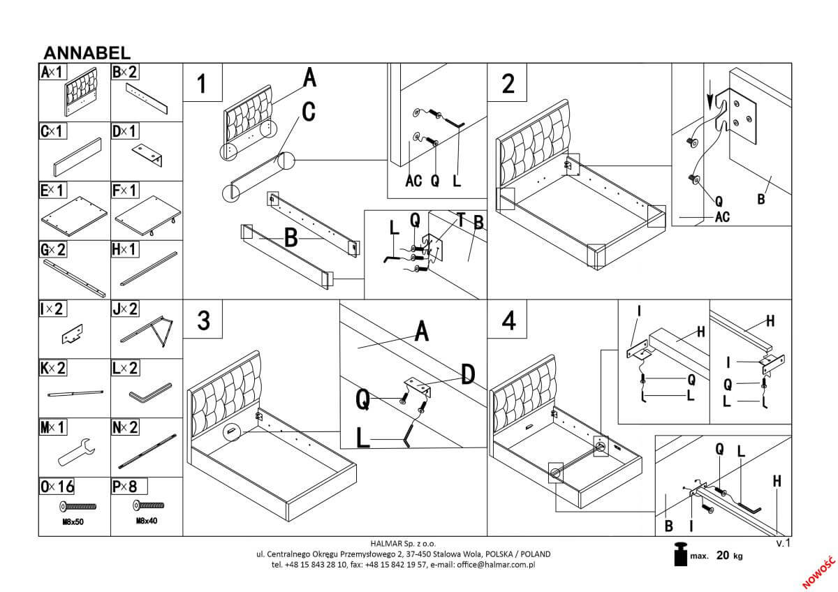 Кровать Halmar Annabel серый 160/200, V-CH-ANNABEL-LOZ