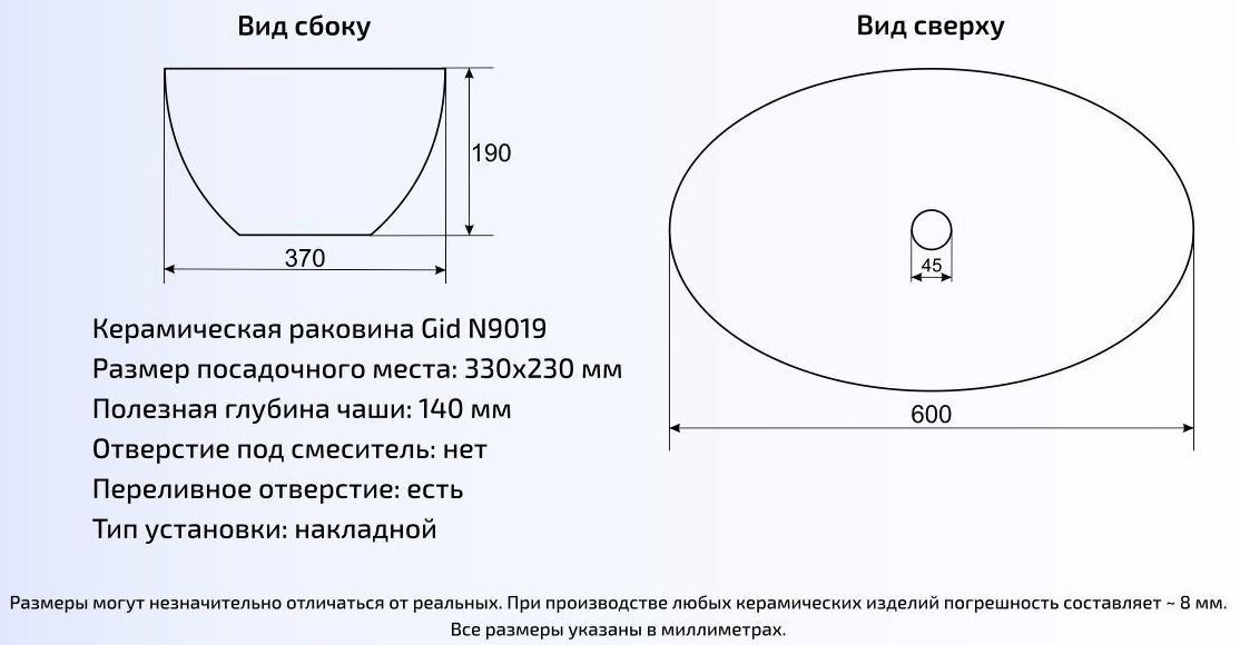 Умывальник Gid N9019 60x37, 51108