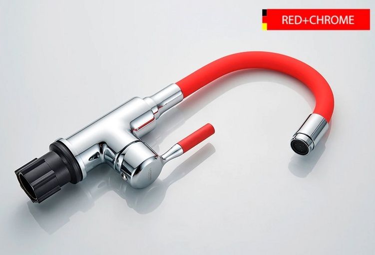 Смеситель для умывальника с гибким изливом красный/хром Ledeme L1399-1
