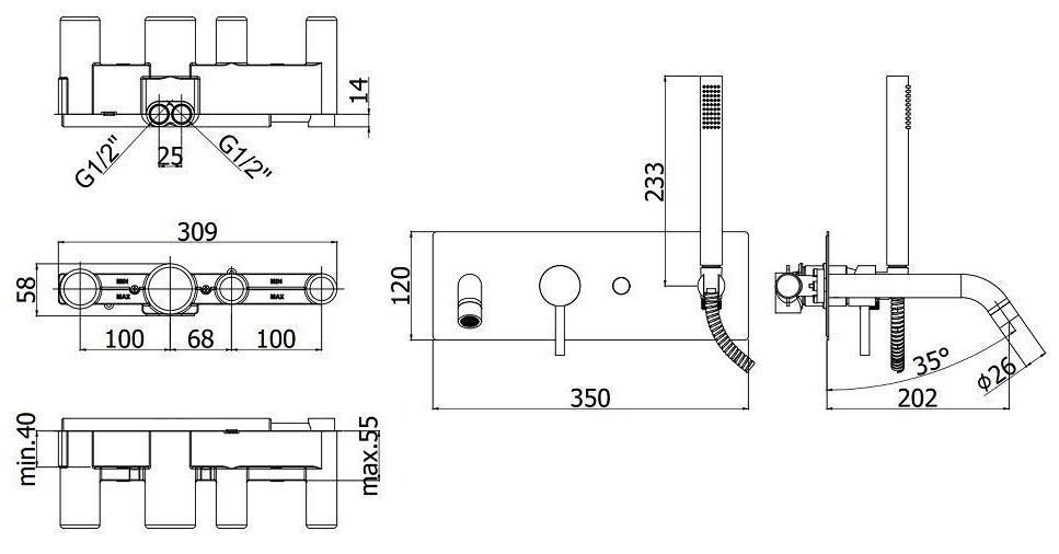 Смеситель для ванны и душа из стены Paffoni Light черный матовый, LIG001NO