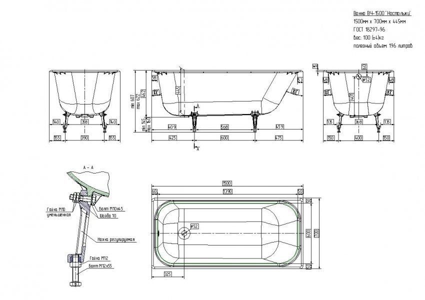 Чугунная ванна Универсал Ностальжи 150x70