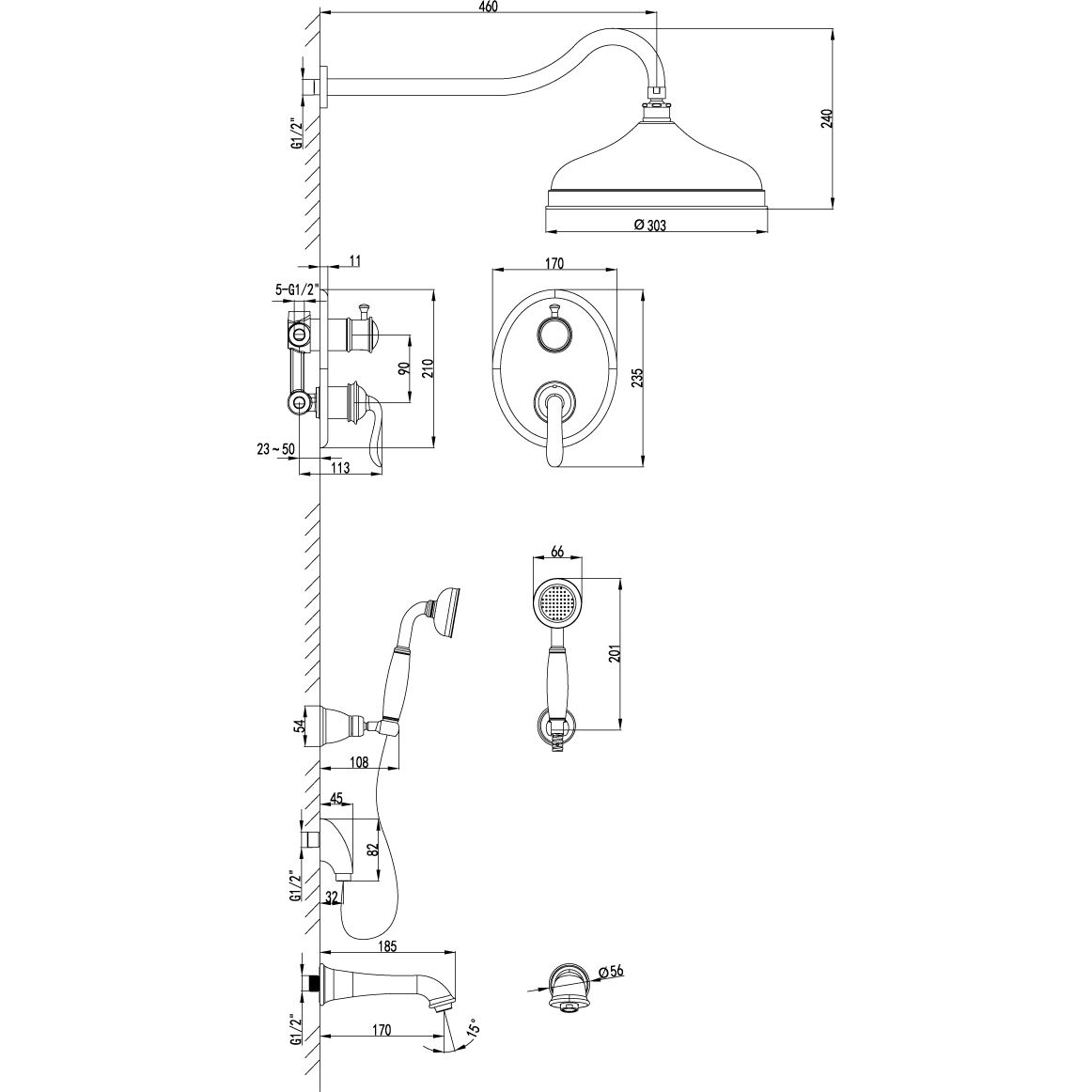 Смеситель для ванны и душа встраиваемый с дополнительной 1-функциональной лейкой Lemark Brava, LM4722G