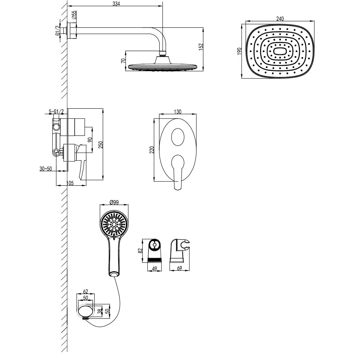 Смеситель для душа встраиваемый с дополнительной 5-функциональной лейкой Lemark Atlantiss, LM3229C