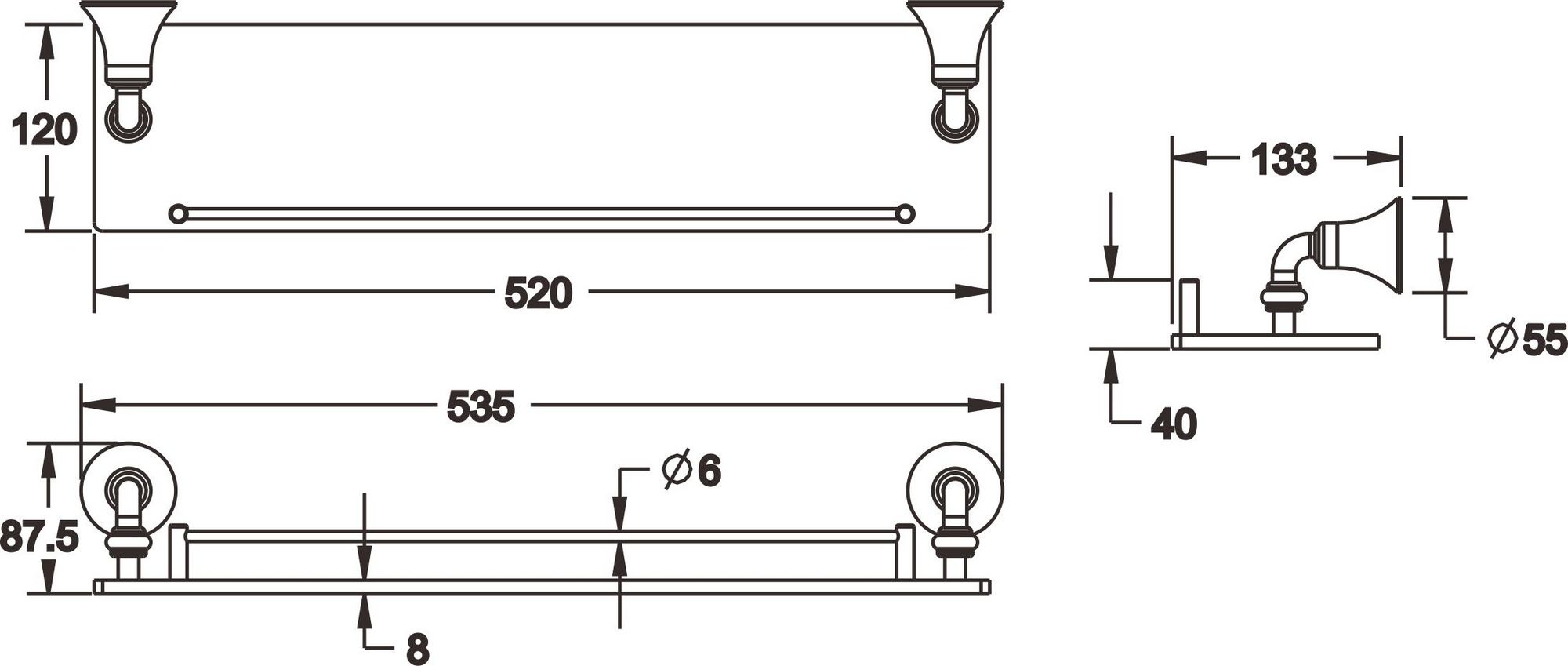 Полка стеклянная 1-ярусная хром Rose, RG1219