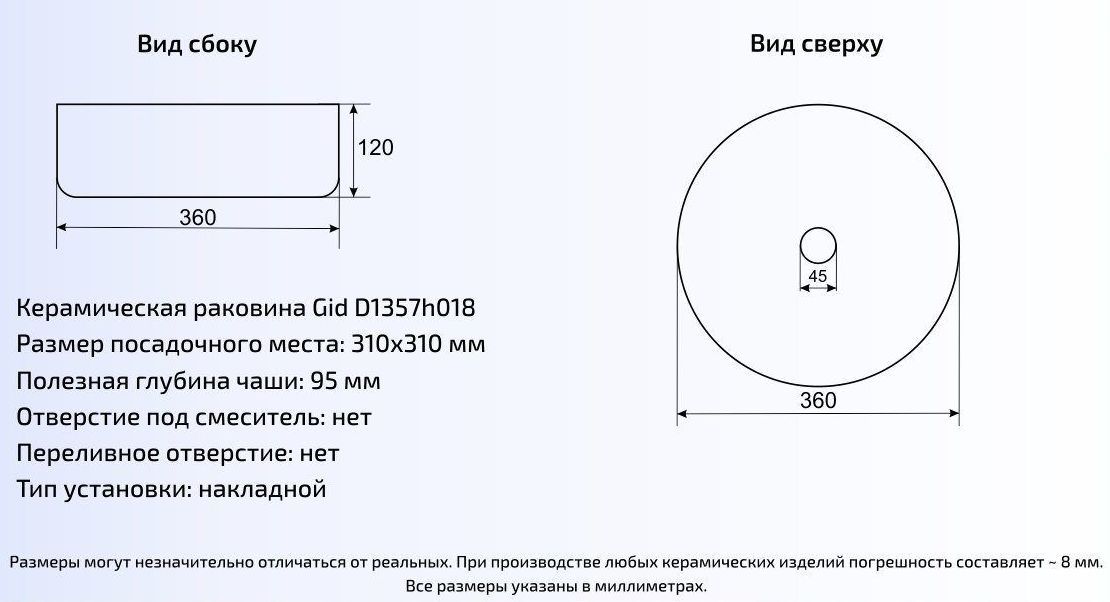 Умывальник Gid D1357H018 36x36, 53327