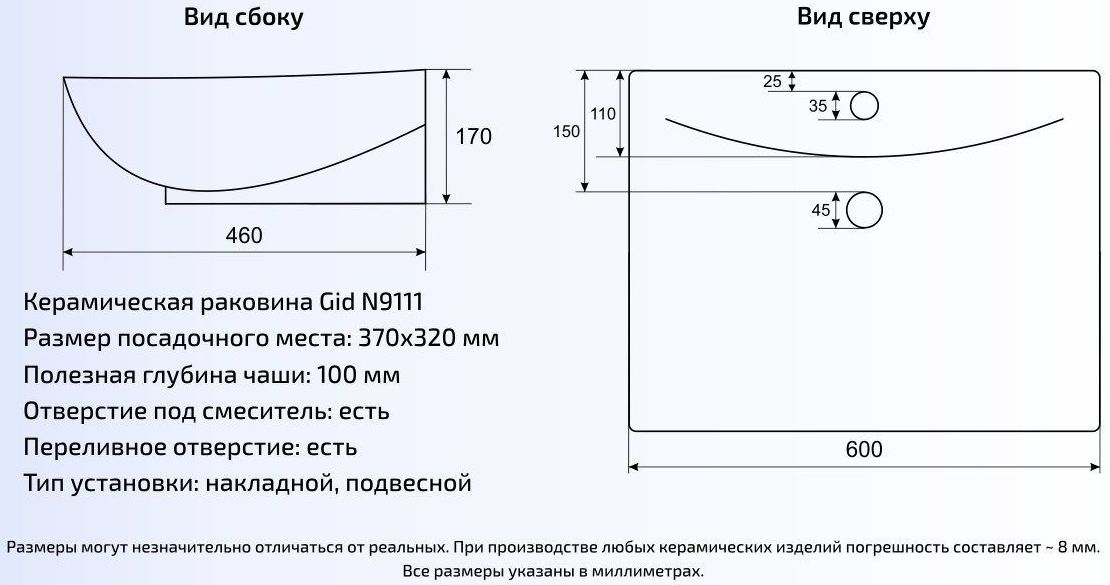 Умывальник Gid N9111 60x46, 51122