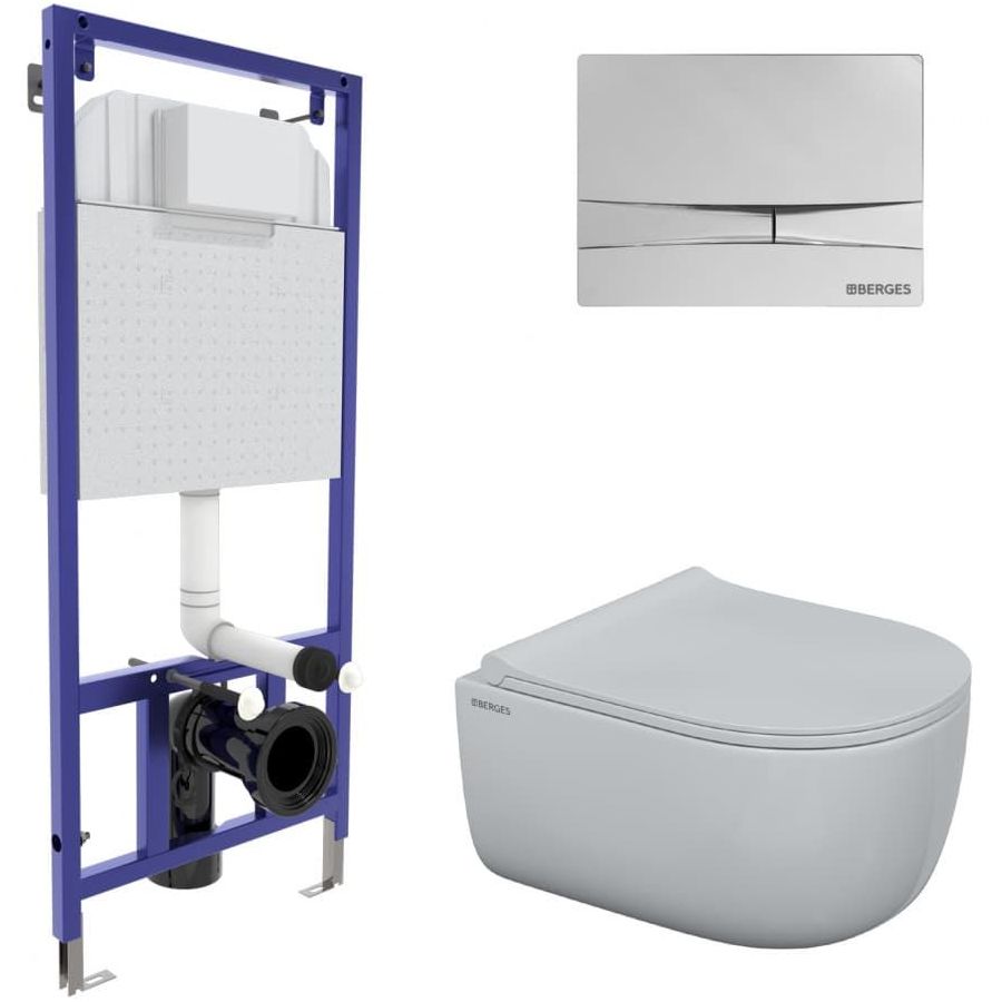 Комплект Berges Novum, кнопка F3 хром глянец, унитаз Ego Rimless, сиденье Toma Slim, 047253