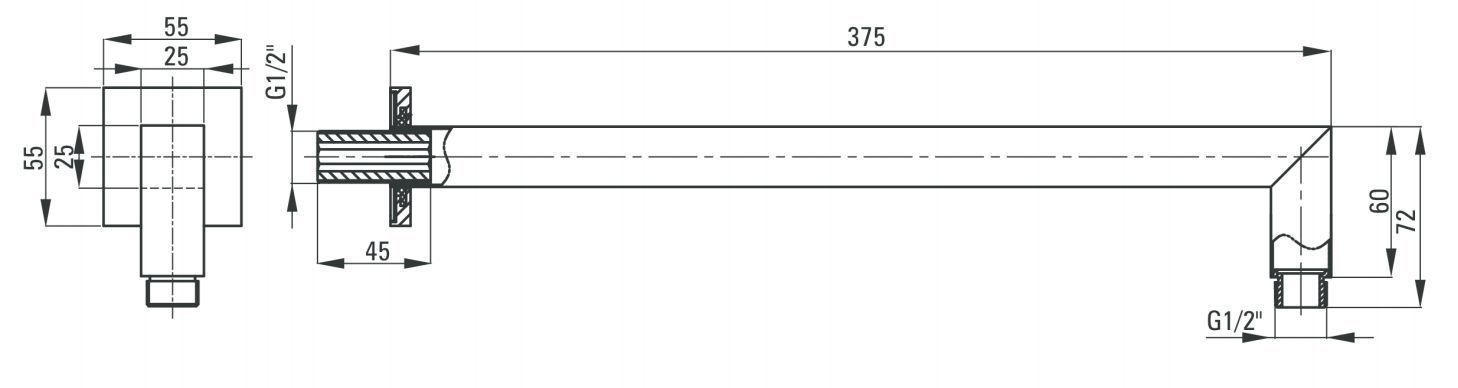 Штанга-излив настенный квадратный для верхнего душа, 375 мм Deante Cascada, NAC_046K