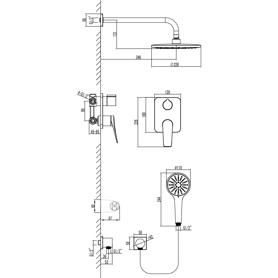 Смеситель для душа встраиваемый с дополнительной 3-функциональной лейкой Lemark Bronx, LM3729GM